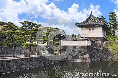 Donjon with moats lined with pines at Tokyo Imperial Palace. Editorial Stock Photo